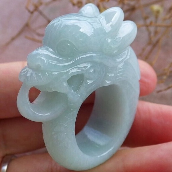 Certificate Jadeite jade Myanmar Burmese hand carved Dragon Ring Size10